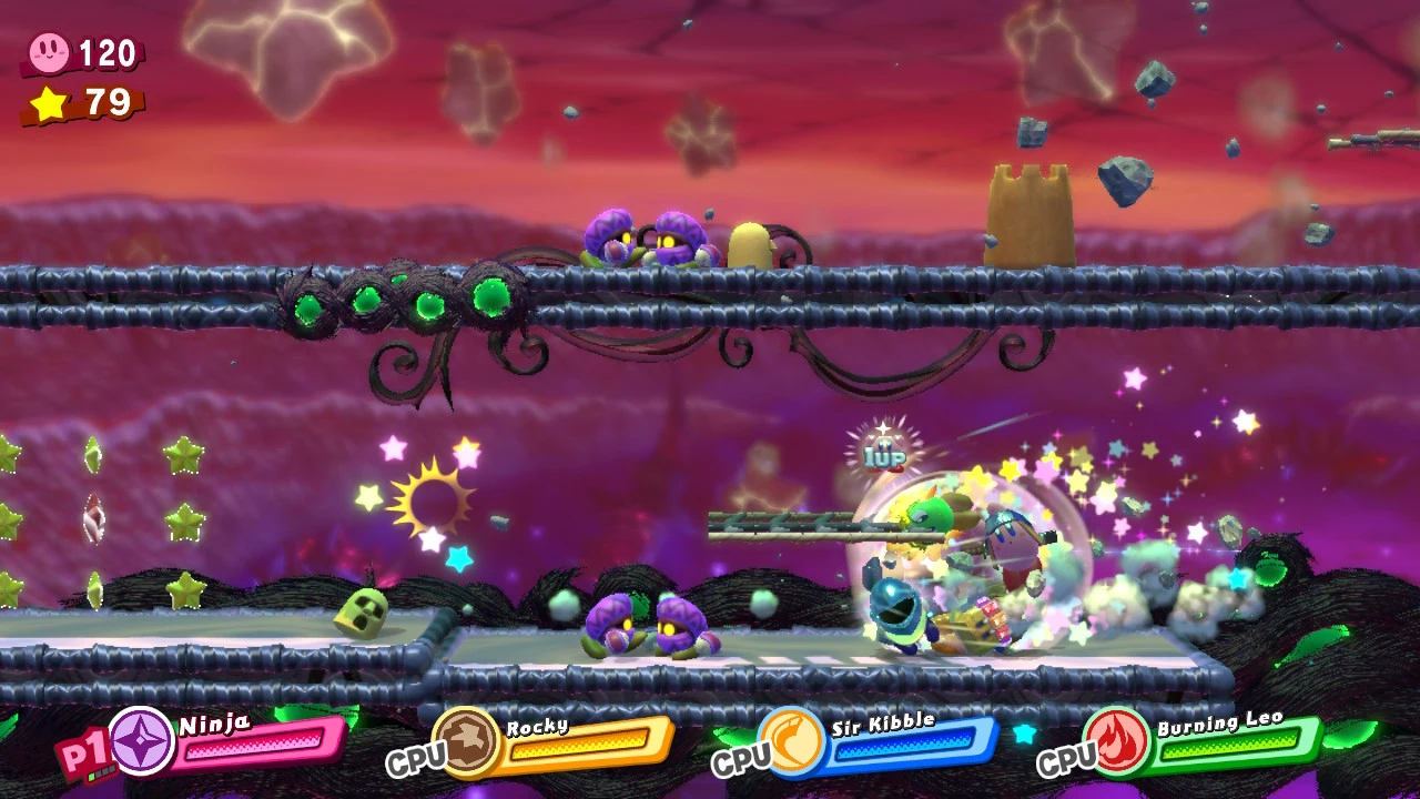 Kirby and friends form a circle to move through a hallway.