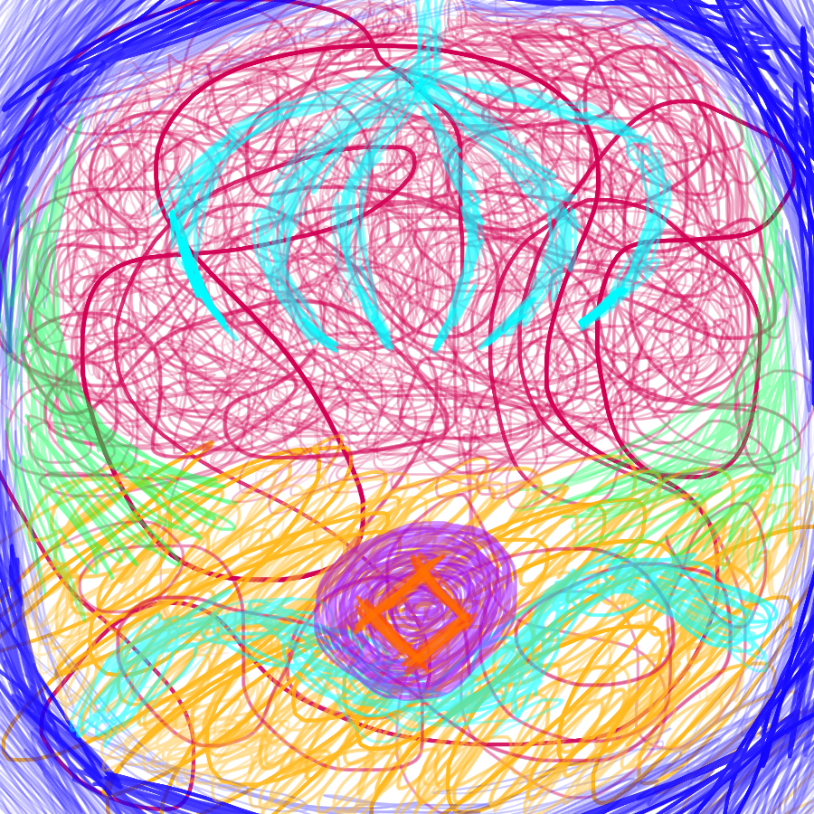 An abstract illustration of a cyan claw in a red sky reaching down towards a purple orb in a yellow field.