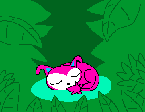 Animation of a pink cat mascot sleeping in a forest.