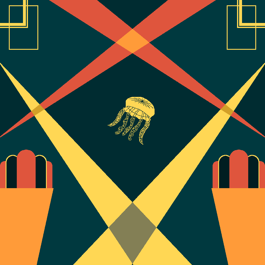 art deco design with an illustration of a jellyfish in the center.