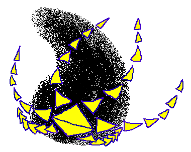 An abstract creature make of smoke; there are six tendrils extending from its face; each tendril is made out of yellow triangles.