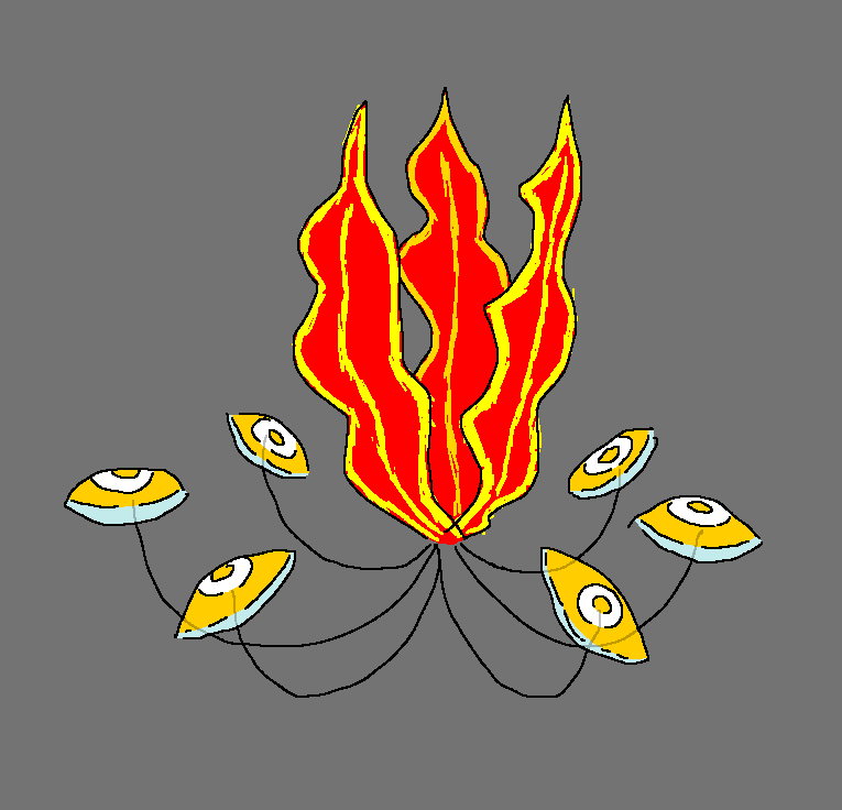 An abstract creature that looks like a flame lily flower, except the anthers are replaced with golden eyes.