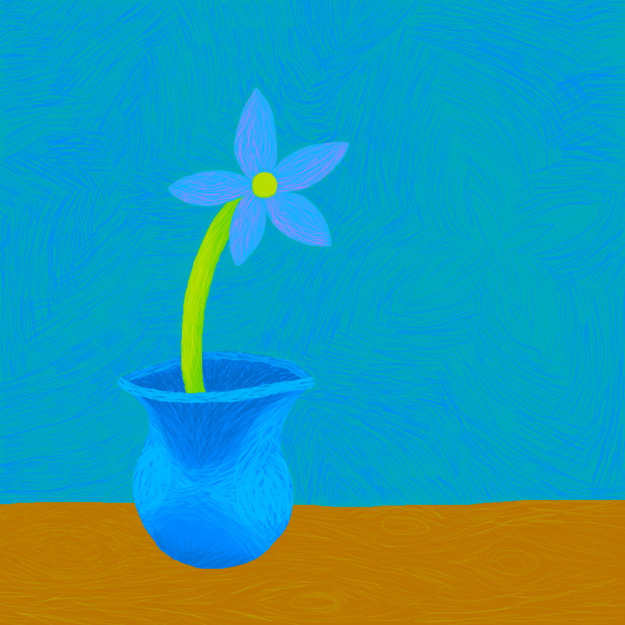 Impressionist illustration of a blue flower inside of a blue vase resting atop a wooden table.