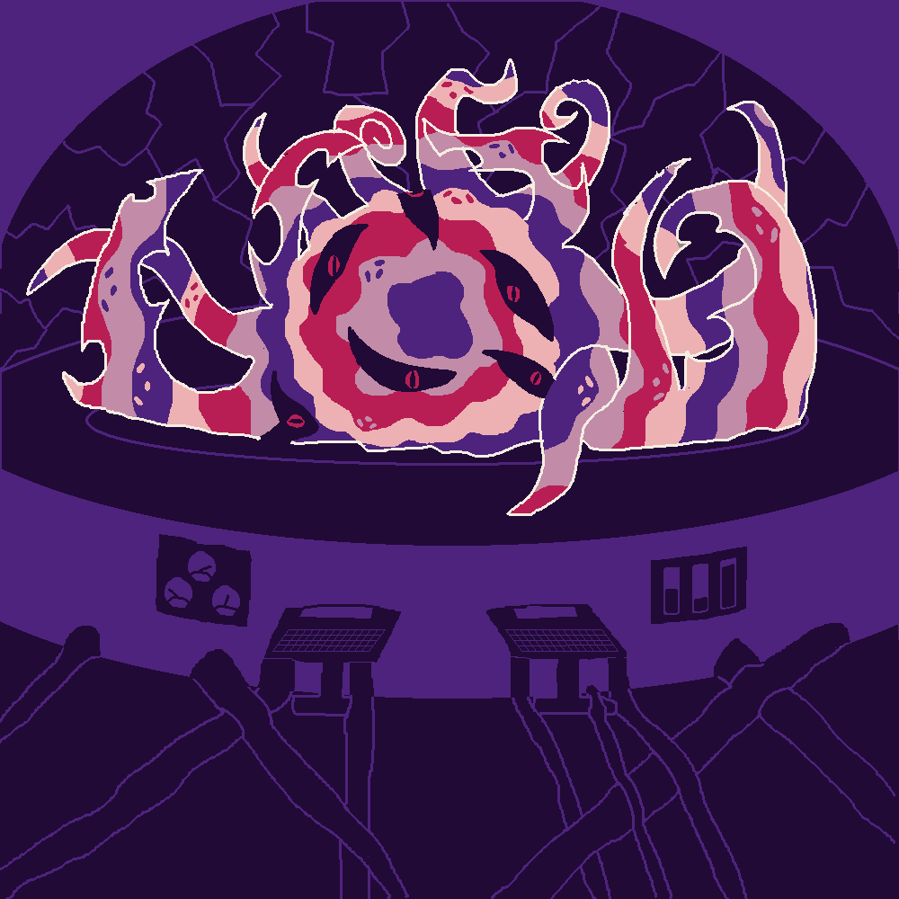 A red and purple blob monster escaping from a lab.