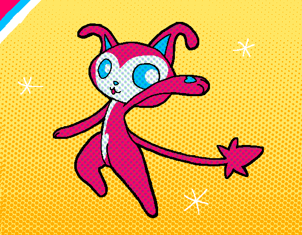 Pop art of a pink cat mascot.